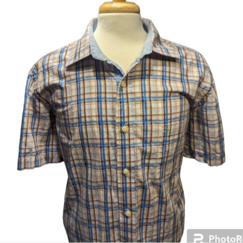 Tailorbyrd Men's Plaid Short Sleeve Button Down Shirt Size 2XL Blue Yellow